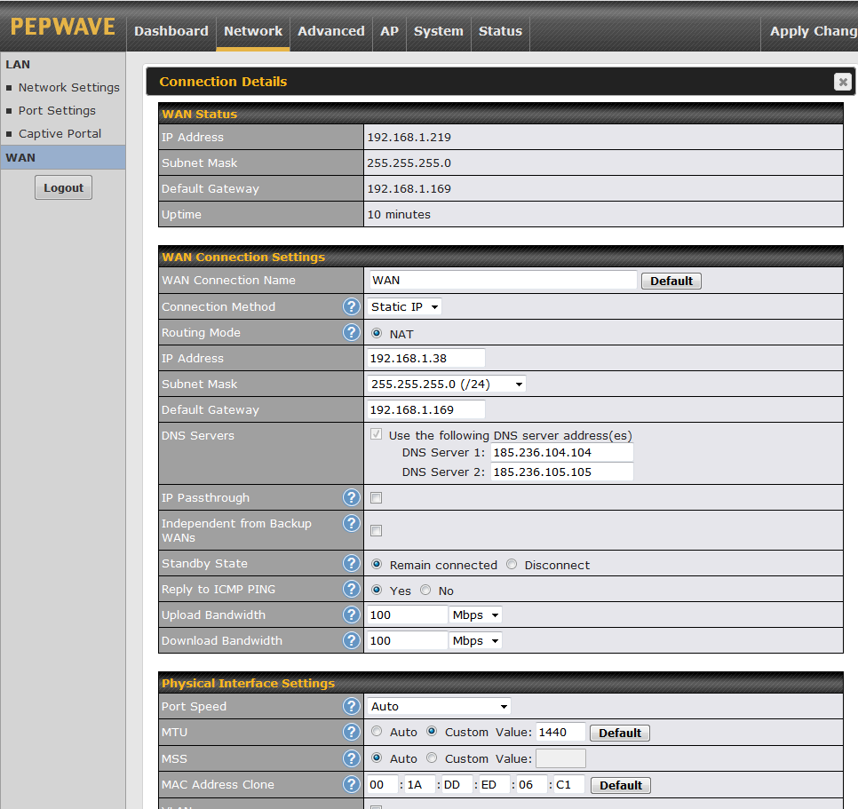 accedemos al “Dashboard” del equipo y hacemos clic sobre el botón “Details” sobre la conexión WAN que queremos utilizar