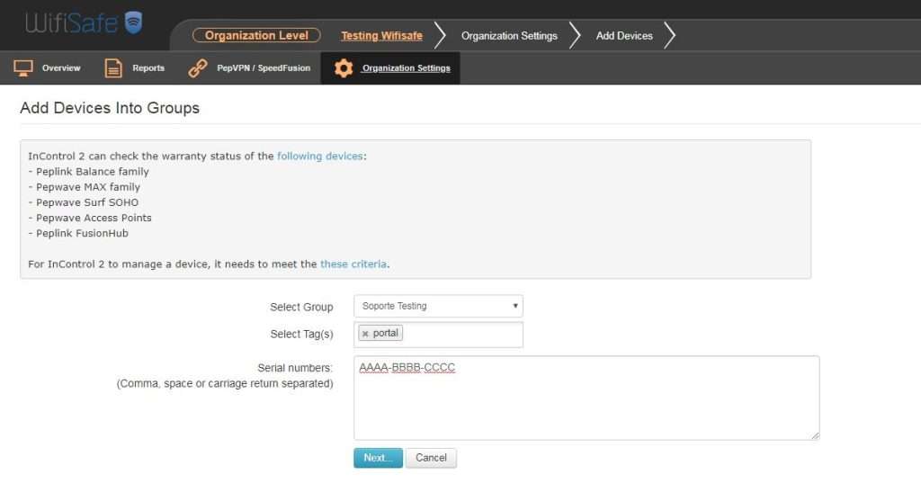 02 incontrol add serial number-Peplink-Wifisafe