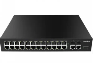 Switch PoE de 24 puertos. Hasta 265W  puertos 10-100-100 y 2 puertos SFP